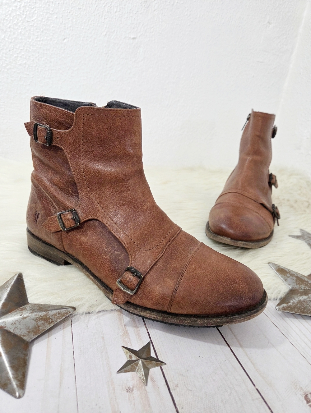 Frye Ethan triple monk strap moto boots dark brown leather ankle booties sz 9.5